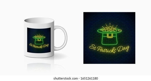 Neon glowing sign of St. Patricks Day with leprechaun hat and gold print for cup design. Happy saint Patrick day greeting design in neon style mug mockup. Vector. Green shamrock as Irish symbol