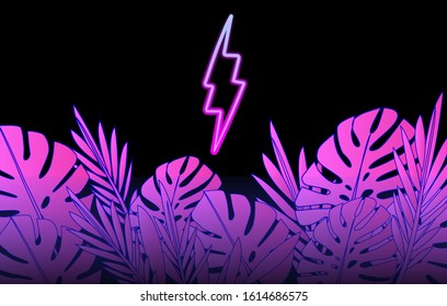 Neon glowing sign of thunderbolt or lightning bolt with tropical palm leaves around it. Retrowave and synthwave style retro aesthetics.