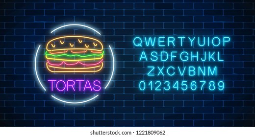 Neon glowing sign of tortas in circle frame with alphabet on a dark brick wall background. Fastfood light billboard symbol. Cafe menu item. Vector illustration.