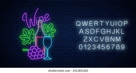 Neon glowing sign of wine store in circle frame with alphabet on dark brick wall background. Bunch of grapes with bottle, glass of wine and leaves in round border. Vector illustration.