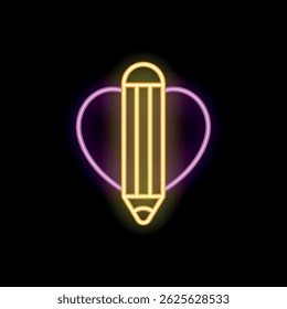 Neon glowing sign of yellow pencil drawing heart shape on black brick wall background