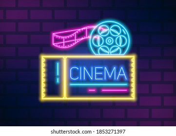 Neon glowing signboard for cinema with film disk and tape on brick wall. Movie theatre illuminating electric decorative signage. Colorful vector illustration