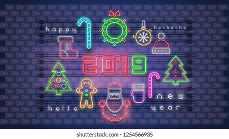 Neon Glowing Signs for Happy New Year Set. Retro Bright Signboard, Light Banner for Christmas Design on  Brick Wall Background. Santa Claus and Gingerbread Man. Xmas Retro. Vector Illustration.