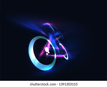 Neon glowing silhouette of bicycle rider on night dark background. Night bicycle race. Vector illustration.