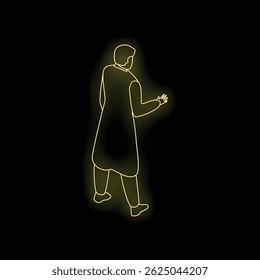 Neon glowing silhouette of businessman walking away on black background