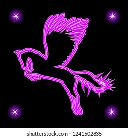 Neon glowing silhouette of a pegasus flying in, spreading its wings - vector illustration. The contour of the mythical animal on a black background. Graphic design element for covers, emblems, icons.