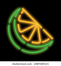 Neon glowing sliced lime fruit, juicy citrus. Harvesting tropical fruits. Glowing neon icon isolated on black background