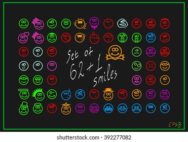 Neon Glowing Smiles Set isolated on black background