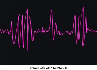 Neon glowing sound wave vibration line, isolated on dark background. Light painting. Music clipart