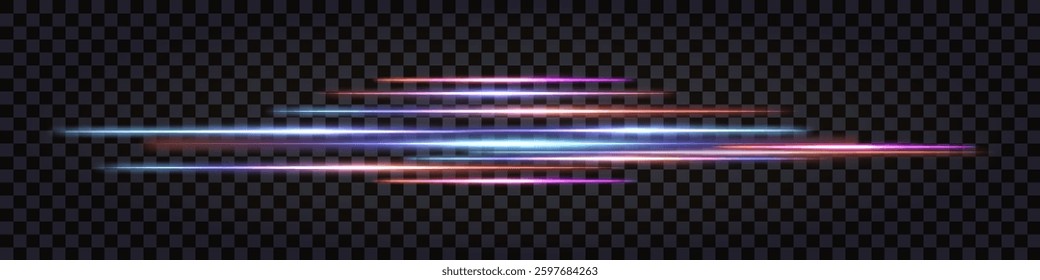 Neon glowing speed  lines, laser light beams, iridescent luminous streaks. Border or divider. Synthwave or vaporwave retro futuristic design. Isolated vector element on dark transparent background