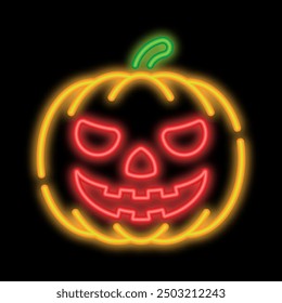 Neon glowing spooky Pumpkin fruit. Autumn Halloween pumpkins. Glowing neon icon isolated on black background