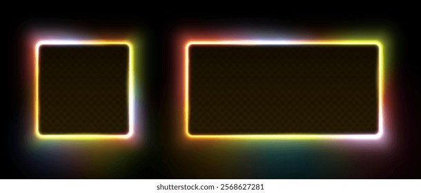 Neon glowing square and rectangular frames. Multicolored led fluorescent lasers isolated on black background. Vector 3d illustration.