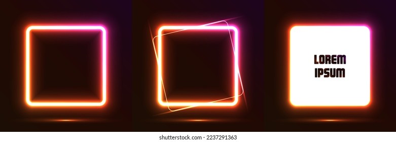 Neon glowing square set on a dark background. Square neon template for any text. Neon banner set, light design. Vector Illustration