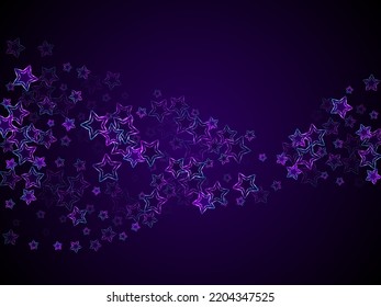 Neon glowing stars music vector background. Purple led magic New Year sparkles. Birthday banner holiday shiny colorful decor. Laser sparkling stars. Abstract award backdrop.