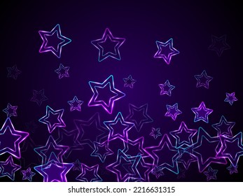 Neon glowing stars music vector background. Purple led magic New Year sparkles. Nightclub banner holiday shiny colorful decor. Laser sparkling stars. Cool glowing design.