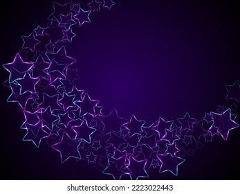 Neon glowing stars music vector background. Violet led magic New Year sparkles. Disco party banner holiday shiny colorful decor. Laser sparkling stars. Abstract award backdrop.