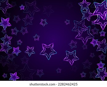 Neon glowing stars music vector background. Violet led magic New Year sparkles. Nightclub banner holiday shiny colorful decor. Laser sparkling stars. Cool glowing design.