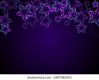 Neon glowing stars music vector background. Blue led magic New Year sparkles. Birthday banner holiday shiny colorful decor. Laser sparkling stars. Abstract award backdrop.