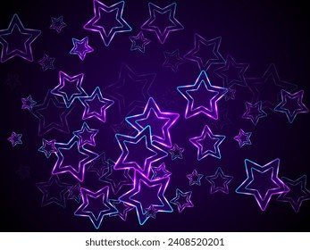 Neon glowing stars music vector background. Blue led magic New Year sparkles. Birthday banner holiday shiny colorful decor. Laser sparkling stars. Cool glowing design.
