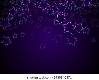 Neon glowing stars music vector background. Purple led magic New Year sparkles. Nightclub banner holiday shiny colorful decor. Laser sparkling stars. Win symbols wallpaper.