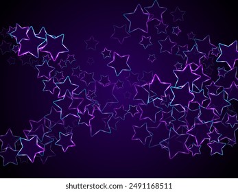 Neon glowing stars music vector background. Violet led magic New Year sparkles. Disco party banner holiday shiny colorful decor. Laser sparkling stars. Abstract award backdrop.