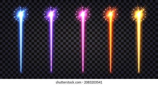 Neon Glowing Stick, Laser Beam With Flash Bolt And Shiny Sparks. Magic Wand Or Rod Or Cyber Energy Weapon. Fantasy Or Fantastic Cartoon Style, Design Element. Vector Illustration