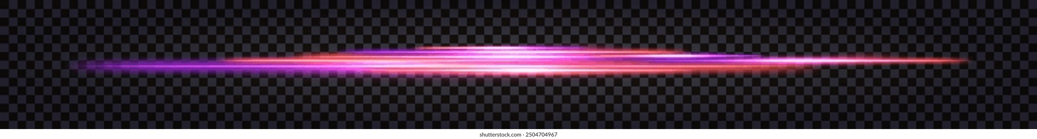 Neon glowing sticks, dynamic speed lines with light glow effecr, Synthwave purple and orange luminous beams, thunder bolt flash. Isolated transparent vector border on dark background