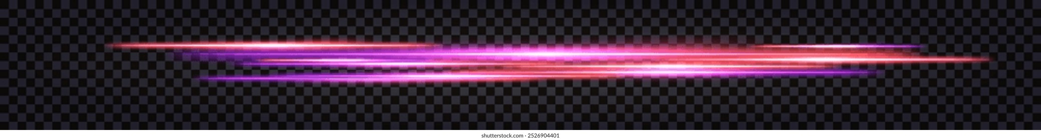 Neon glowing sticks, dynamic speed lines with light glow effecr, Synthwave purple and orange luminous beams, thunder bolt flash. Isolated transparent vector border on dark background