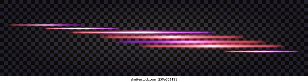 Neon glowing sticks, dynamic speed lines with light glow effecr, Synthwave purple and orange luminous beams, thunder bolt flash. Isolated transparent vector border on dark background