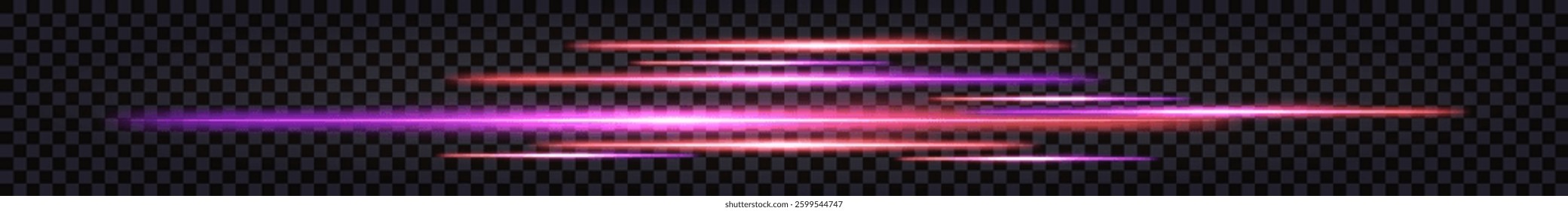 Neon glowing sticks, dynamic speed lines with light glow effecr, Synthwave purple and orange luminous beams, thunder bolt flash. Isolated transparent vector border on dark background