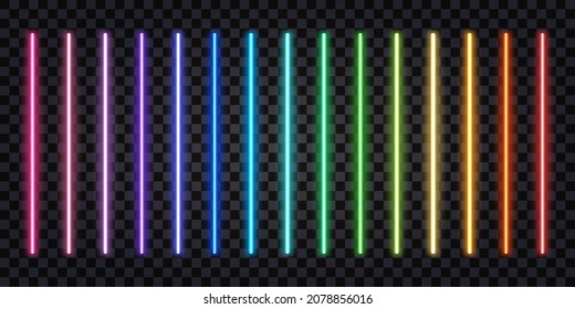 Neon glowing sticks, laser beams, rainbow iridescent spectrum colorful lines. Fluorescent electric light effect. Isolated rays on dark transparent background. Vector illustration