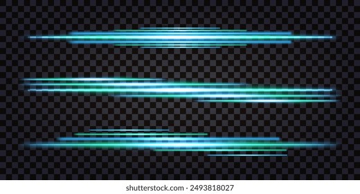 Palos brillantes de neón, rayos láser, líneas de velocidad, luz verde azulado efecto brillante l líneas luminosas con flash de perno de trueno . Diseño para bordes o divisores. Vector transparente aislado sobre fondo oscuro