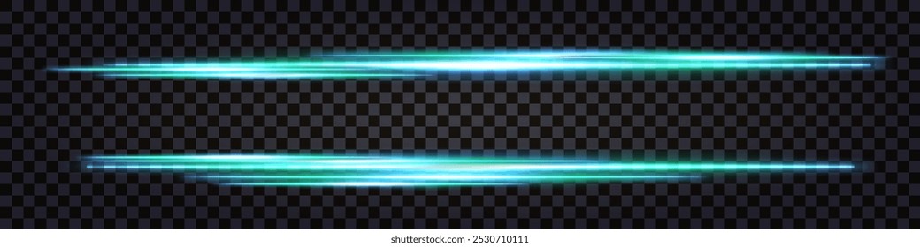 Palos brillantes de neón, rayos láser, líneas de velocidad, luz verde azulado efecto brillante líneas luminosas con destello de perno de trueno y brillo. Diseño para bordes o divisores. Vector transparente aislado