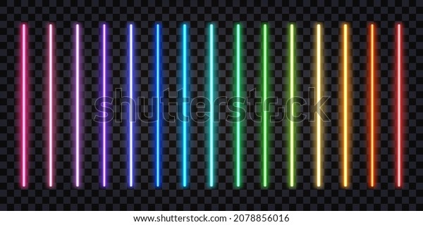 Neon glowing\
sticks, laser beams, rainbow iridescent spectrum colorful lines.\
Fluorescent electric light effect. Isolated rays on dark\
transparent background. Vector\
illustration