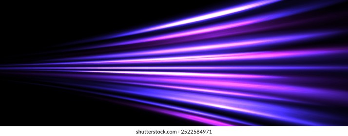 Plano de fundo de listra brilhante de néon. Efeito de luz de velocidade roxo azul. Textura das linhas de flare da trilha mágica. Design de papel de parede de raios e raios laser luminosos. Néon futurista listras fundo. Vetor