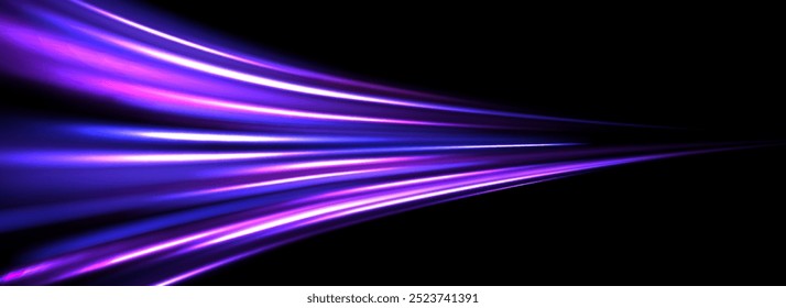 Neon glowing streak background. Iridescent purple speed light effect. Magic trail flare lines texture. Luminous laser beams and rays wallpaper design. Futuristic neon stream stripes backdrop. Vector