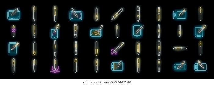 Neon glowing stylus icons set, digital pen using on tablet, graphic designer tools, bright signage