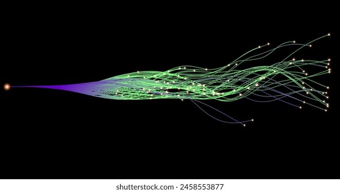 Neon glowing swirl wave, electric light effect. Curved lines, cyber technology, fiber optic, isolated design element on black background. Vector illustration.