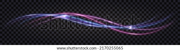 Neon\
glowing swirl wave, electric light effect. Purple and blue curve\
lines, cyber technology, fiber optic, isolated design element on\
dark transparent background.  Vector\
illustration