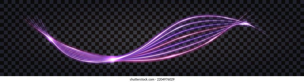 Neon glowing swirl wave lines. Purple  twisted swoosh. Fiber optic, cyber technology, electric impulse, data flow. Isolated transparent design, dark background, vector illustration