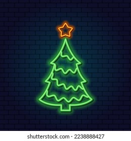 Neon glowing symbol of the new year. Christmas tree with a star and a garland on a dark background. Holiday concept