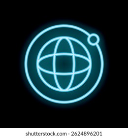 Neon glowing symbol of planet earth orbiting around a bright star on a black background