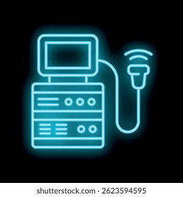 Neon glowing symbol of an ultrasound machine used for medical diagnosis and imaging