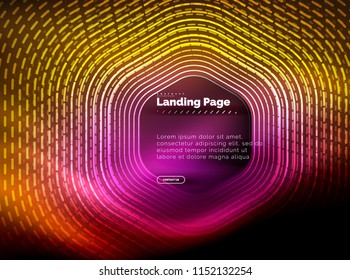 Neon glowing techno hexagon shape lines, hi-tech futuristic abstract background, landing page template. Vector illustration