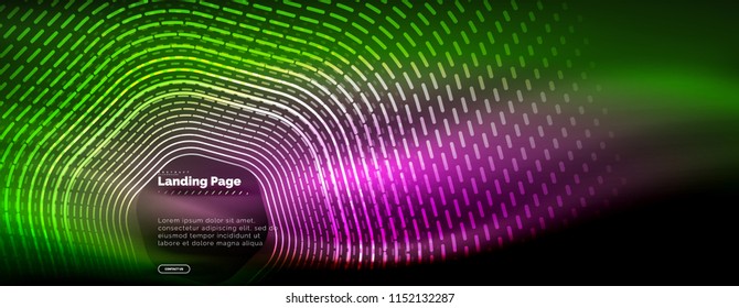 Neon glowing techno hexagon shape lines, hi-tech futuristic abstract background, landing page template. Vector illustration