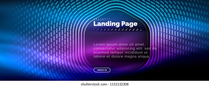 Neon glowing techno hexagon shape lines, hi-tech futuristic abstract background, landing page template. Vector illustration
