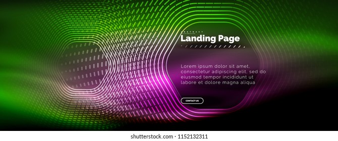 Neon brilhante tecno linhas de forma hexágono, fundo abstrato futurista de alta tecnologia, modelo de página de aterrissagem. Ilustração vetorial