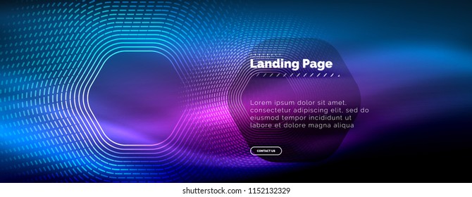Neon glowing techno hexagon shape lines, hi-tech futuristic abstract background, landing page template. Vector illustration
