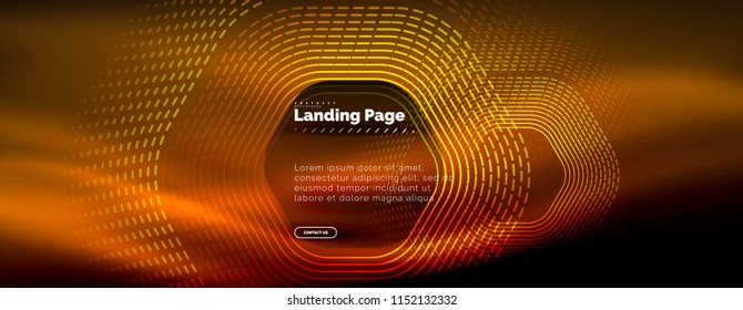 Neon glowing techno hexagon shape lines, hi-tech futuristic abstract background, landing page template. Vector illustration