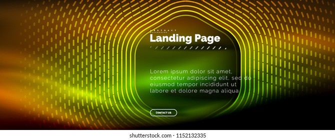 Líneas de forma hexágono tecno brillante neón, fondo abstracto futurista de alta tecnología, plantilla de página de aterrizaje. Ilustración del vector